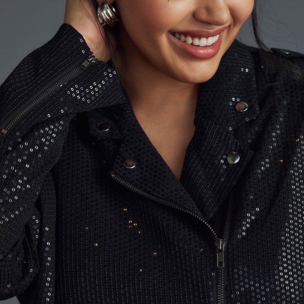 Anthropologie Sequin Cropped Moto Jacket